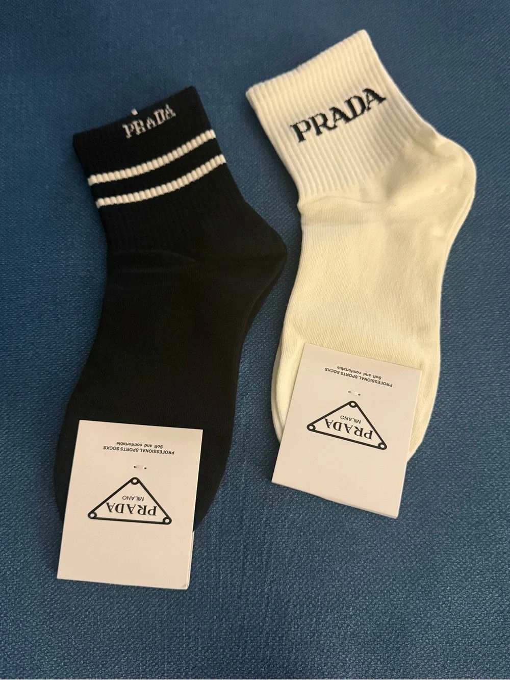 Prada Black & White Ribbed Logo Crew Socks 2Pairs size Small- Medium New